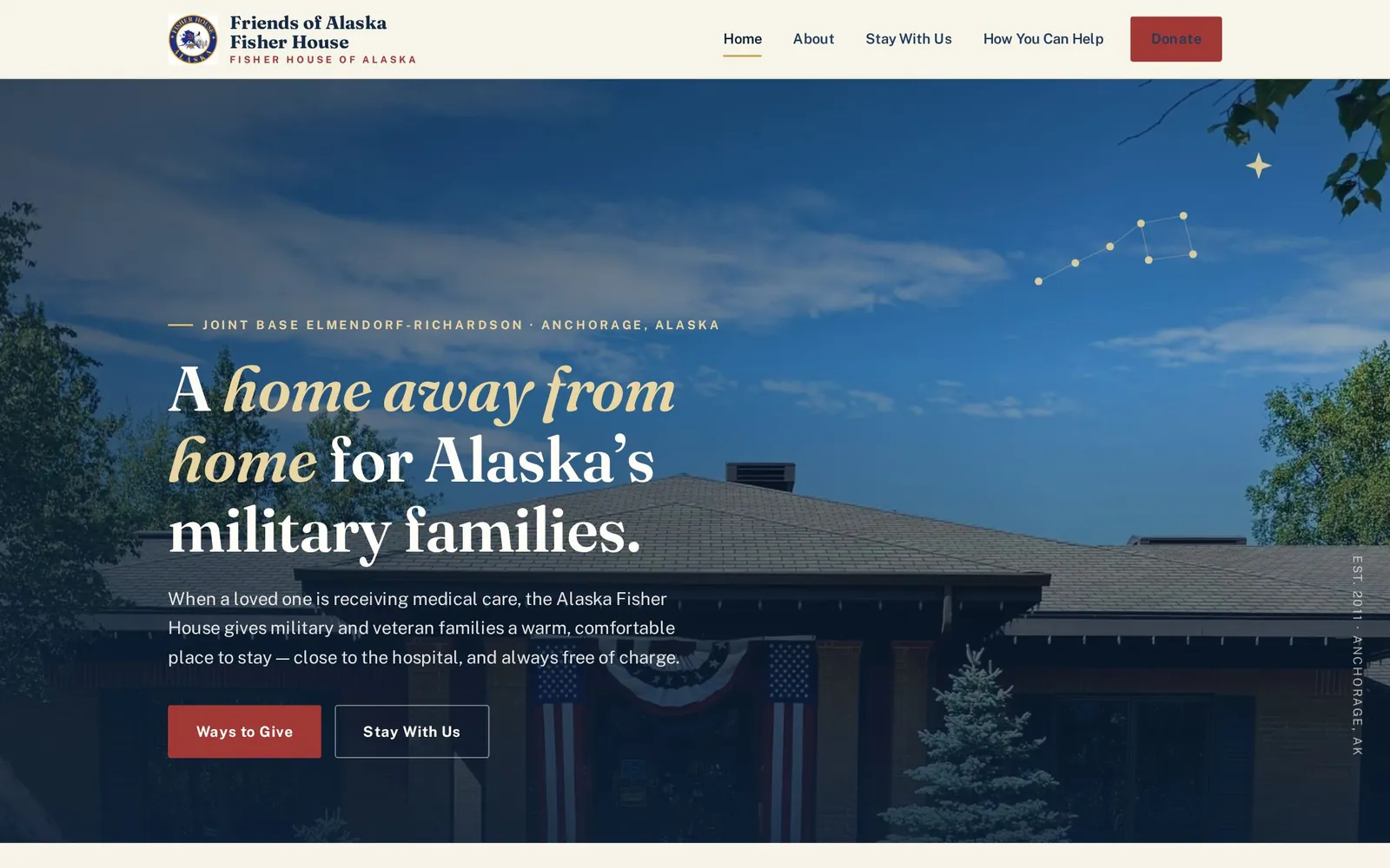 Homepage of the Friends of Alaska Fisher House website